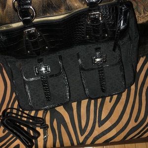 Lovely DKNY purse lots pockets & long shoulder strap. Faux leather & canvas.